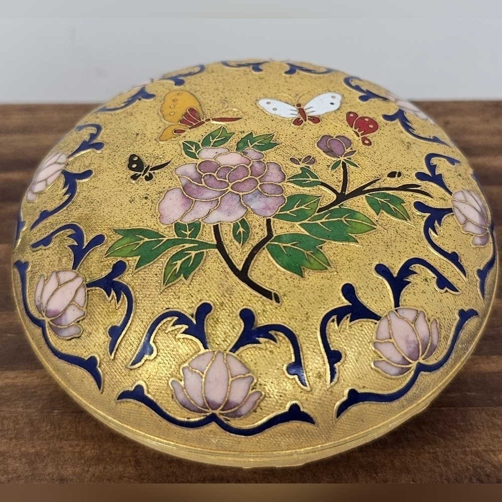 Vintage Cloisonné And Enamel Flower And Butterflies Trinket Jewelry Box Round